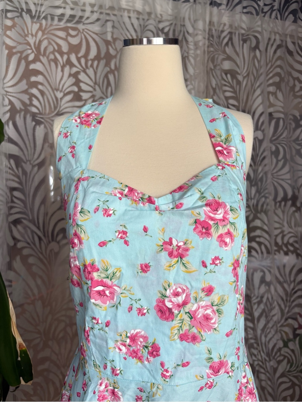 Womens Vintage 1950s Floral Spring Garden Party Picnic Dress Mint Blue 50s Chic - Picture 2 of 5